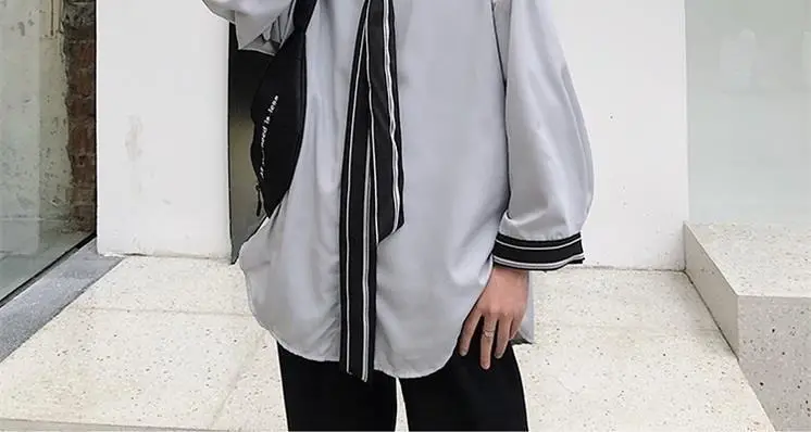 Men's Grey Korean Style Long Sleeve Shirt with Tie — feature 26