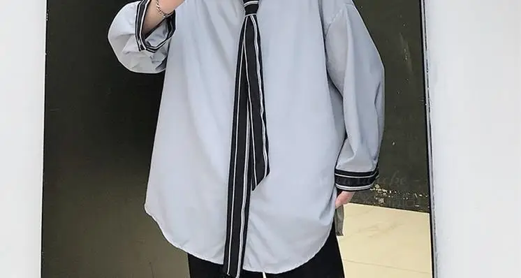 Men's Grey Korean Style Long Sleeve Shirt with Tie — feature 28