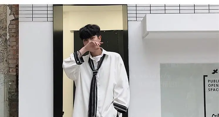 Men's Grey Korean Style Long Sleeve Shirt with Tie — feature 3