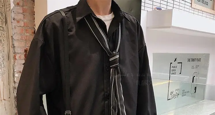 Men's Grey Korean Style Long Sleeve Shirt with Tie — feature 31