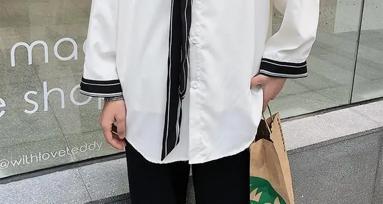 Men's Grey Korean Style Long Sleeve Shirt with Tie — feature 8