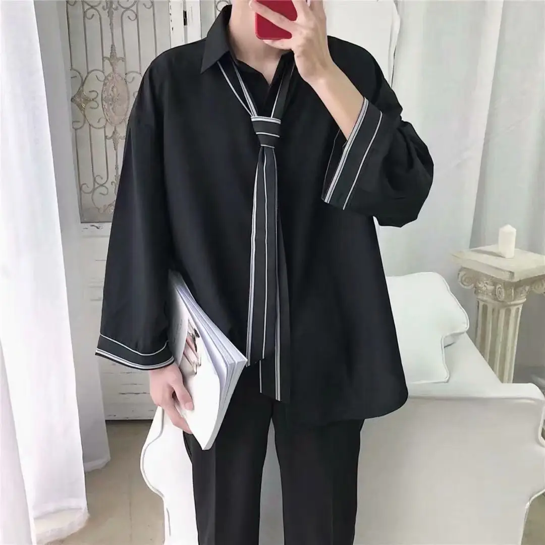 Men's Grey Korean Style Long Sleeve Shirt with Tie - Image 2