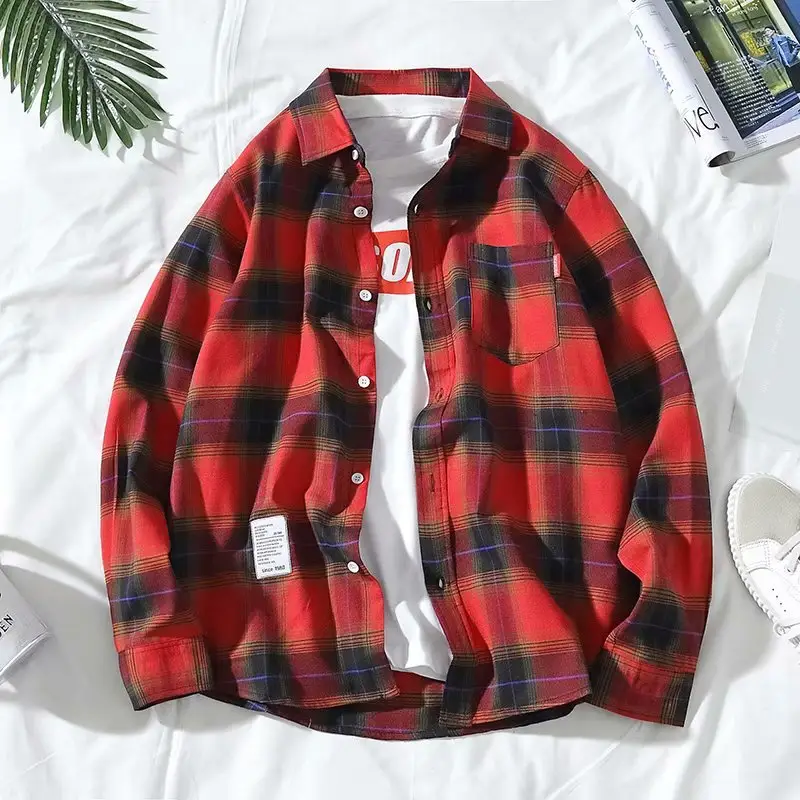 Men's Plaid Long Sleeve Shirt Korean Style - Image 8