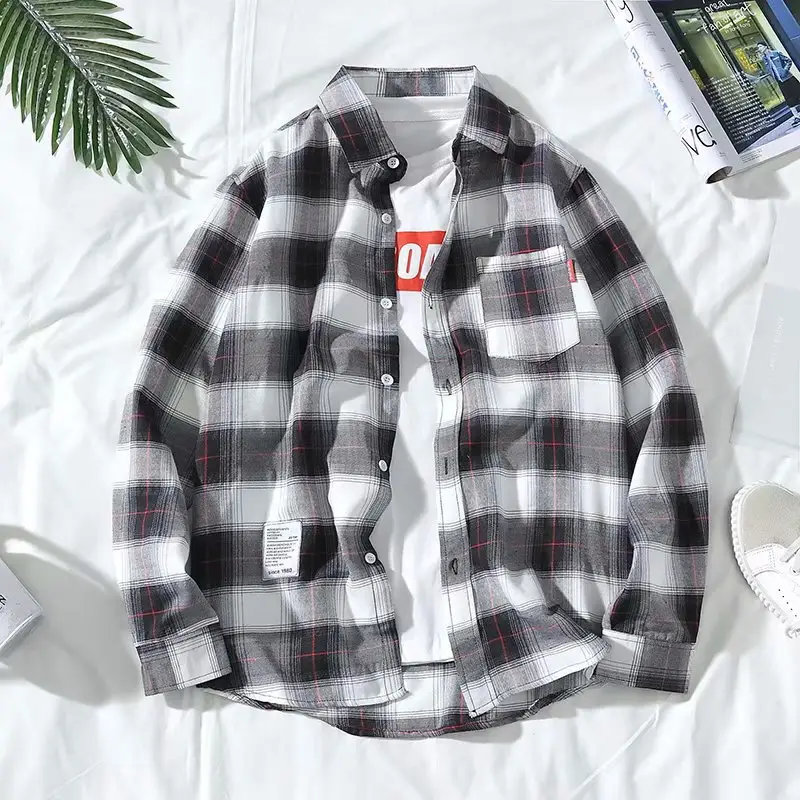 Men's Plaid Long Sleeve Shirt Korean Style - Image 9