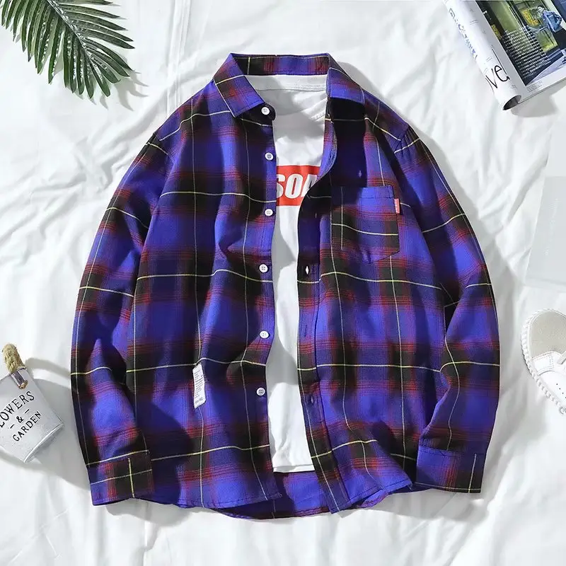 Men's Plaid Long Sleeve Shirt Korean Style - Image 4