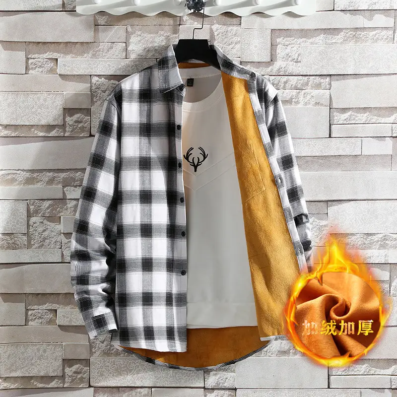 Men Fleece Plaid Shirt Black Yellow Long Sleeve - Image 3