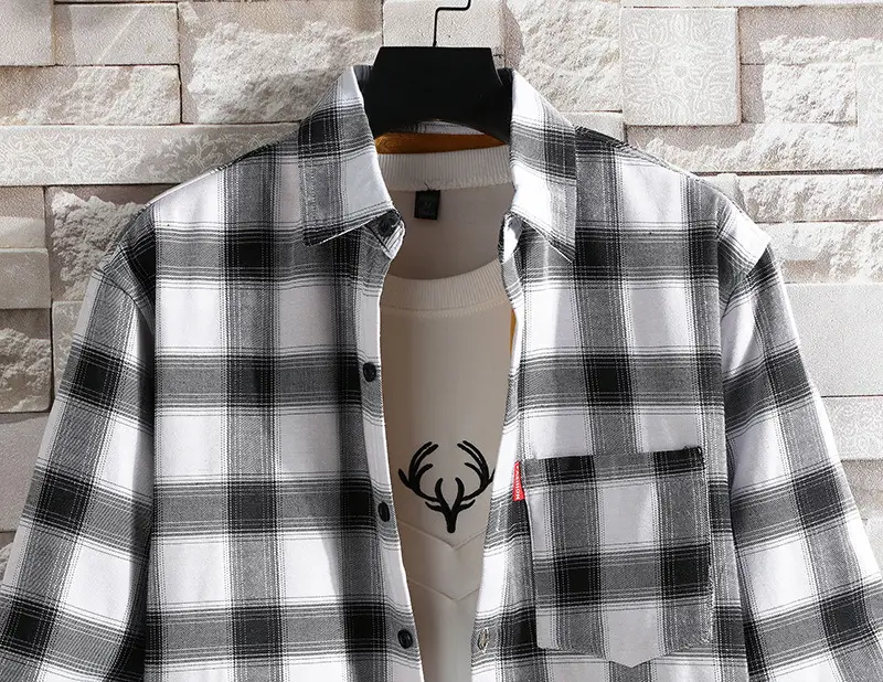 Men Fleece Plaid Shirt Black Yellow Long Sleeve - Image 4
