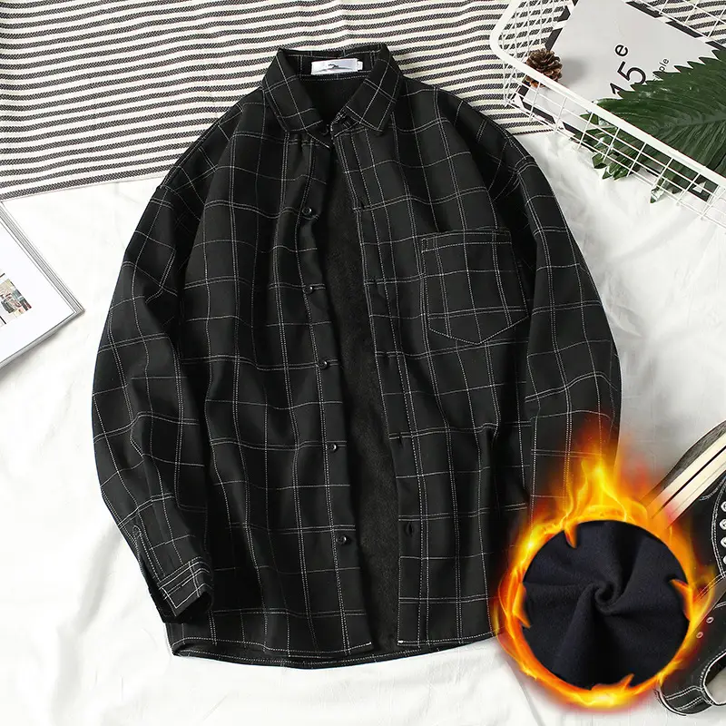 Men's Black Plaid Fleece Long Sleeve Winter Shirt - Image 2