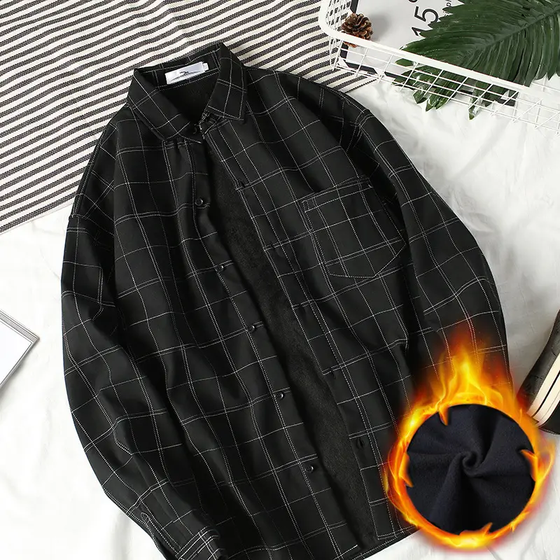 Men's Black Plaid Fleece Long Sleeve Winter Shirt - Image 3