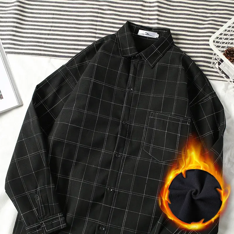 Men's Black Plaid Fleece Long Sleeve Winter Shirt - Image 5