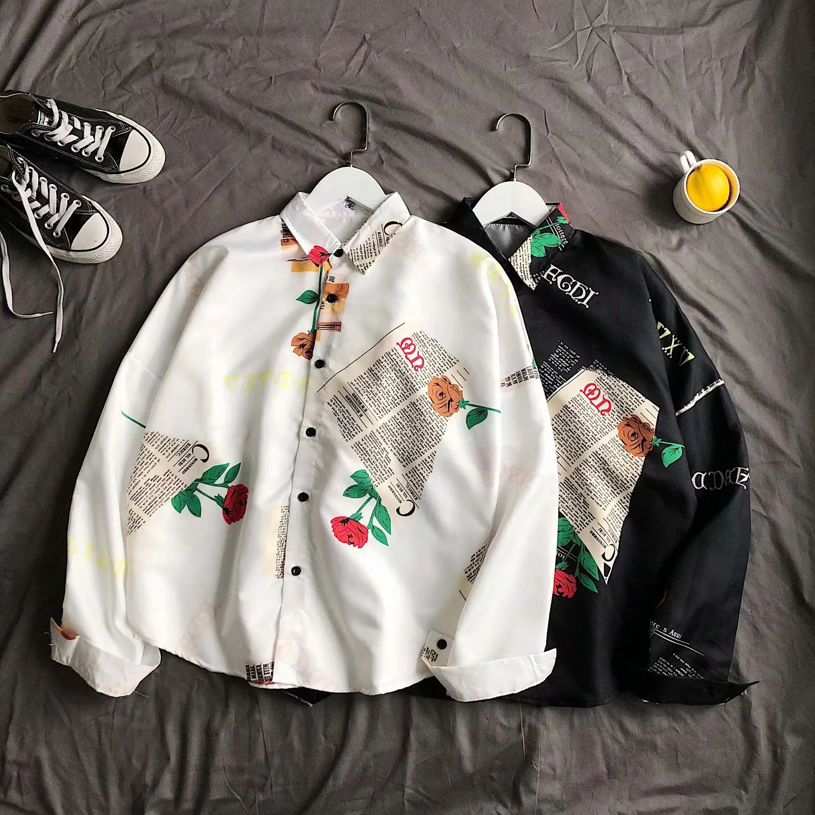 Men's Black Printed Long Sleeve Shirt 2020 Summer