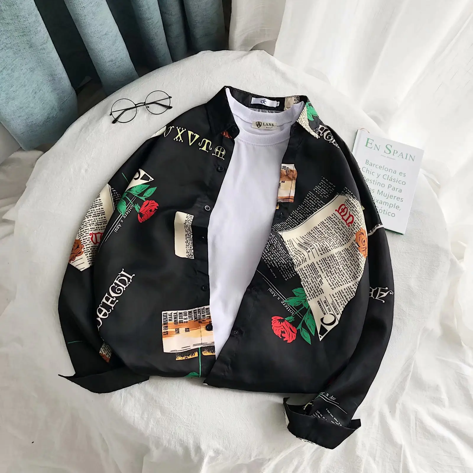 Men's Black Printed Long Sleeve Shirt 2020 Summer