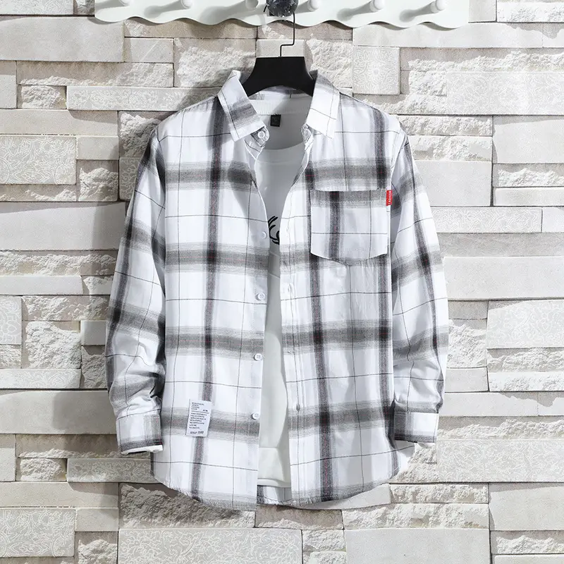 Men's Long Sleeve Plaid Shirt Coat Hong Kong Style 2020 - Image 4
