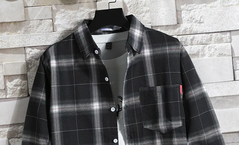 Men's Long Sleeve Plaid Shirt Coat Hong Kong Style 2020 - Image 7