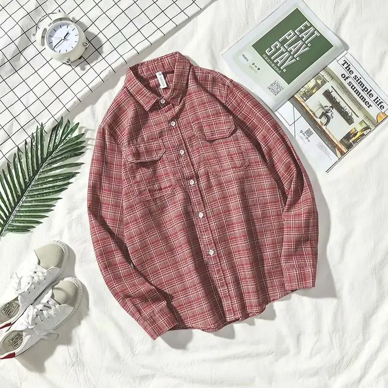 Men Plaid Shirt Yellow Brown Long Sleeve Casual Wear - Image 2