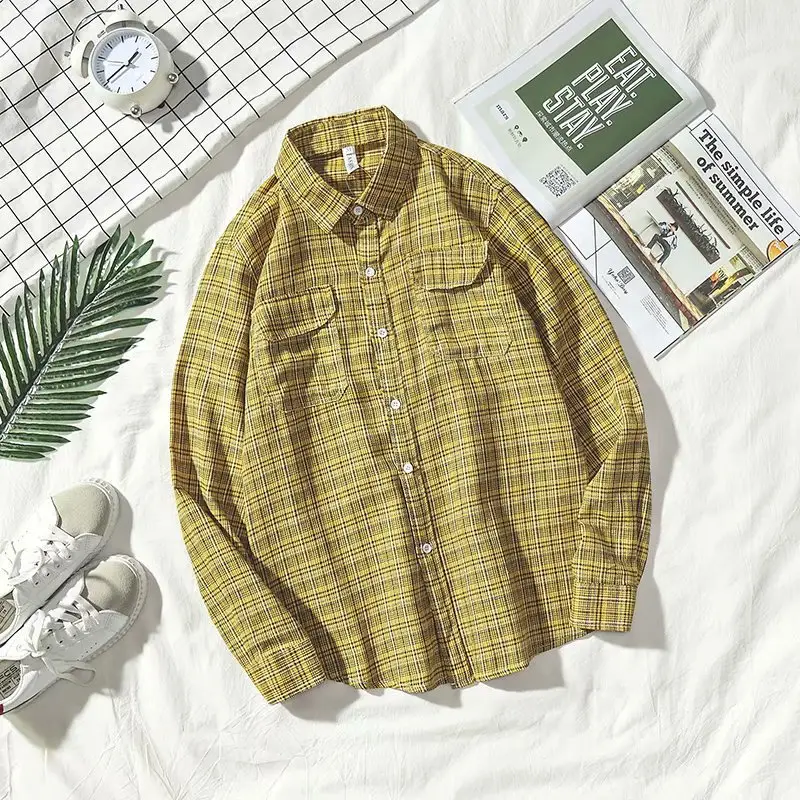 Men Plaid Shirt Yellow Brown Long Sleeve Casual Wear - Image 3