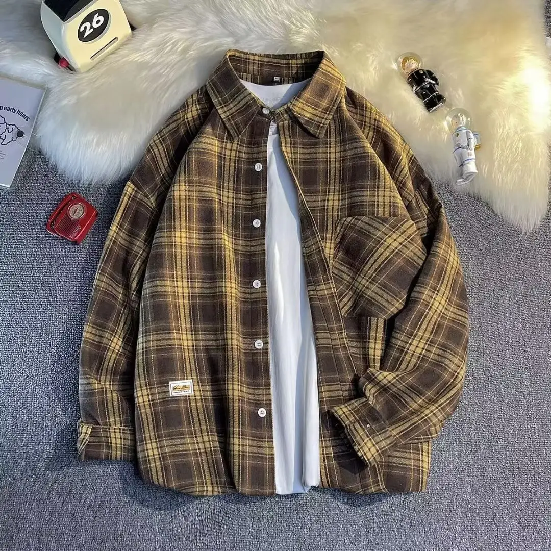 Men Plaid Long Sleeve Shirt Brown Yellow Blue