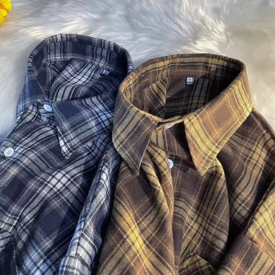 Men Plaid Long Sleeve Shirt Brown Yellow Blue