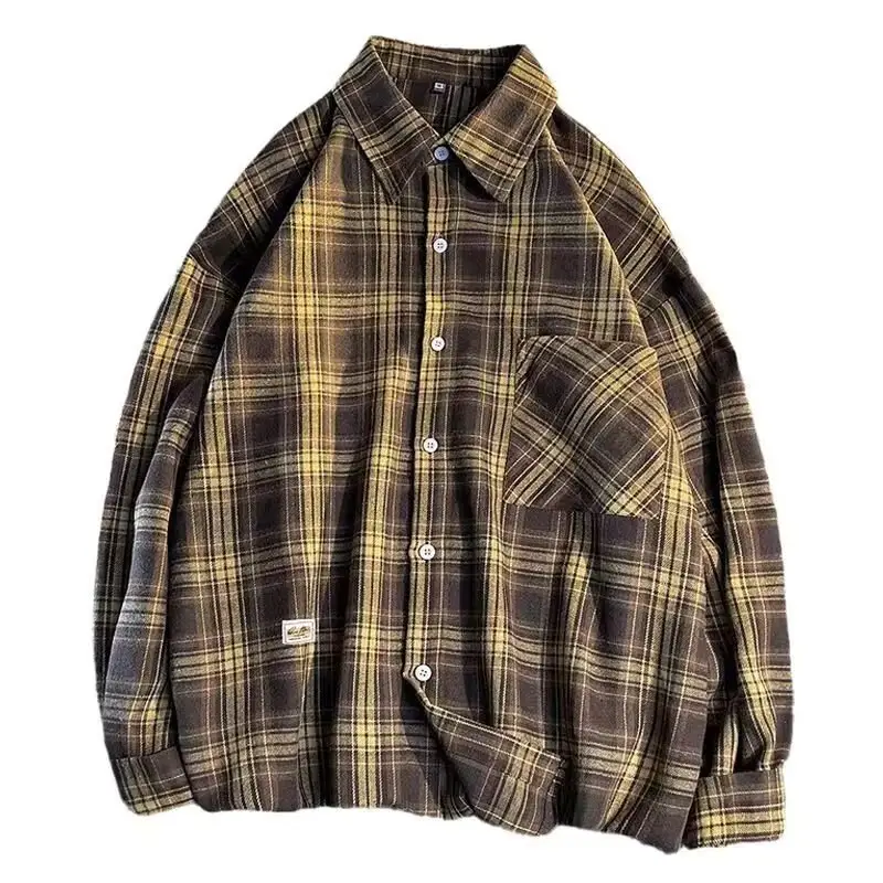 Men Plaid Long Sleeve Shirt Brown Yellow Blue