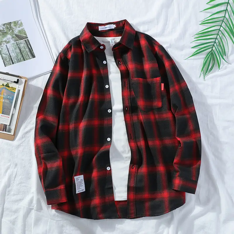 Men's Plaid Long Sleeve Shirt Black Grey - Image 5
