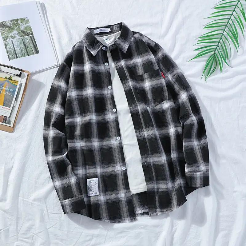 Men's Plaid Long Sleeve Shirt Black Grey - Image 7