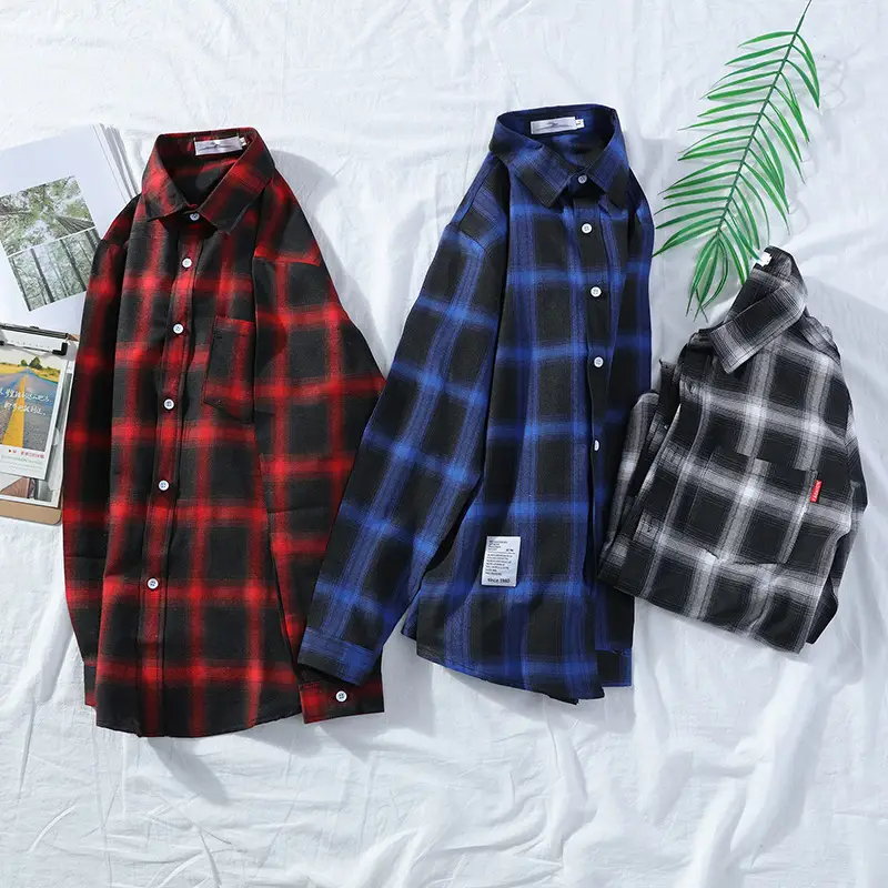 Men's Plaid Long Sleeve Shirt Black Grey - Image 8