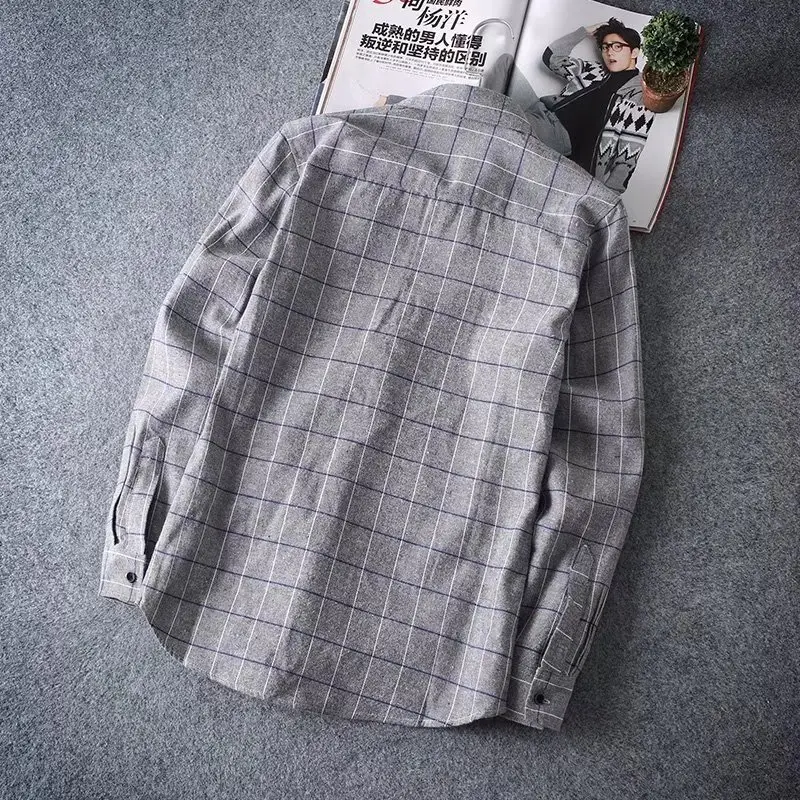 Men's Plaid Long Sleeve Shirt Gray Check Korean Style - Image 2