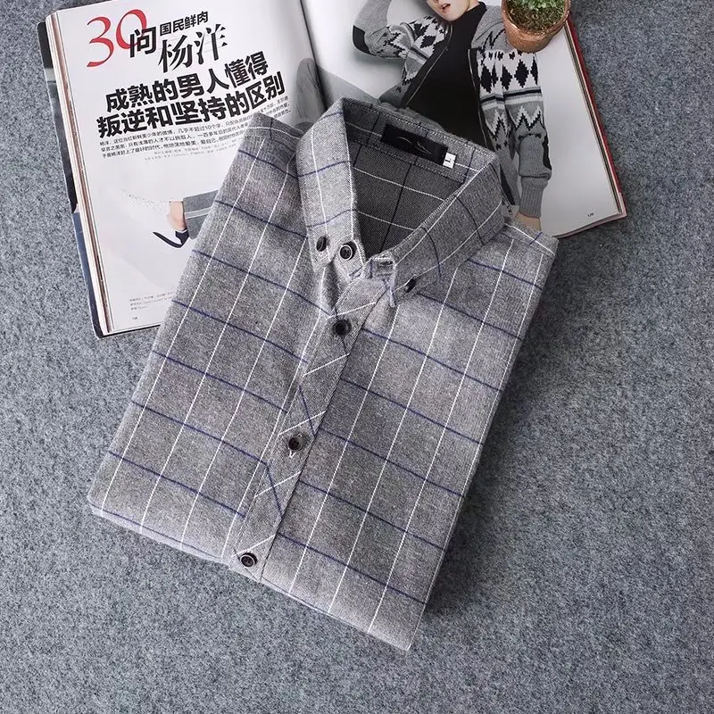 Men's Plaid Long Sleeve Shirt Gray Check Korean Style - Image 3