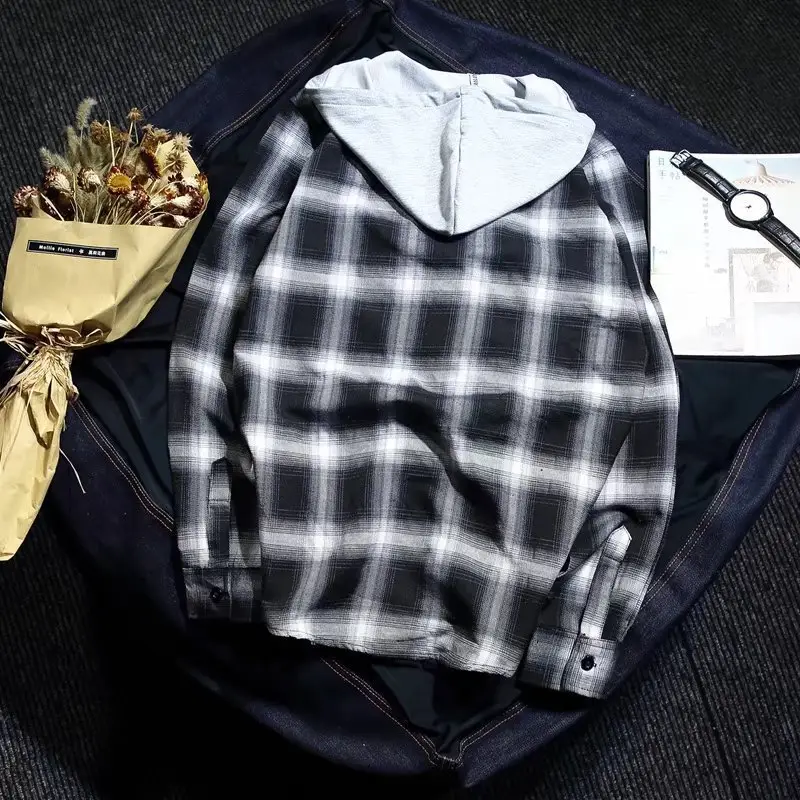 Men's Plaid Hooded Shirt Korean Style Spring Autumn - Image 3