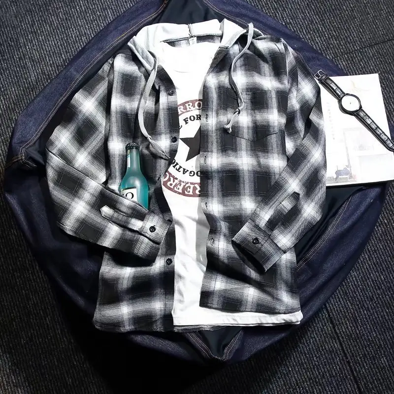 Men's Plaid Hooded Shirt Korean Style Spring Autumn - Image 4