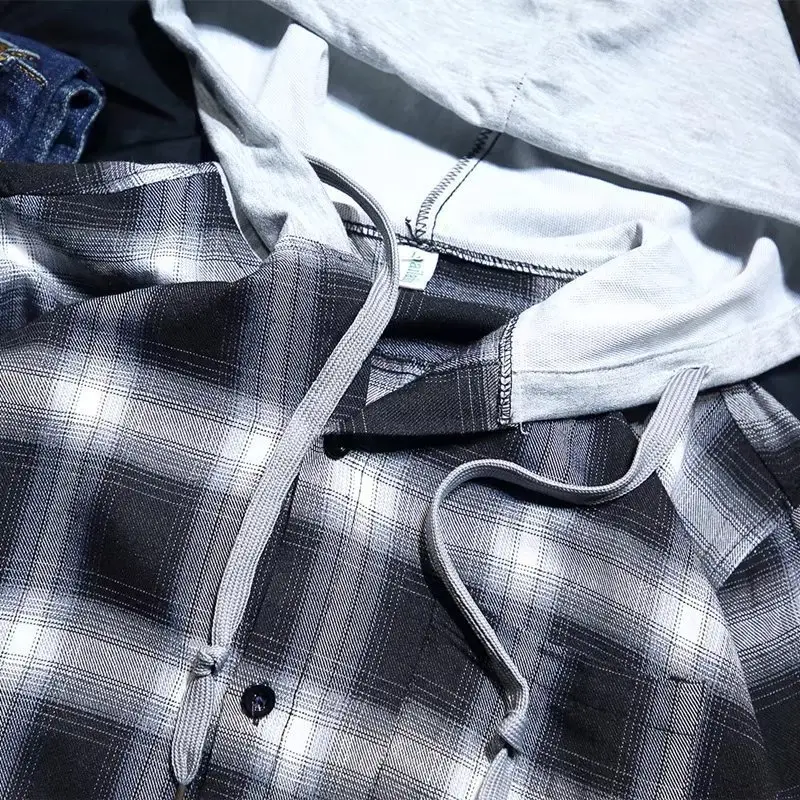 Men's Plaid Hooded Shirt Korean Style Spring Autumn - Image 5