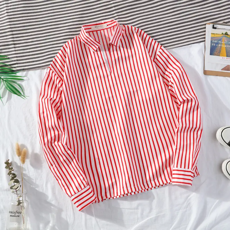 2020 Spring Men Striped Slim Fit Shirt Black White - Image 7