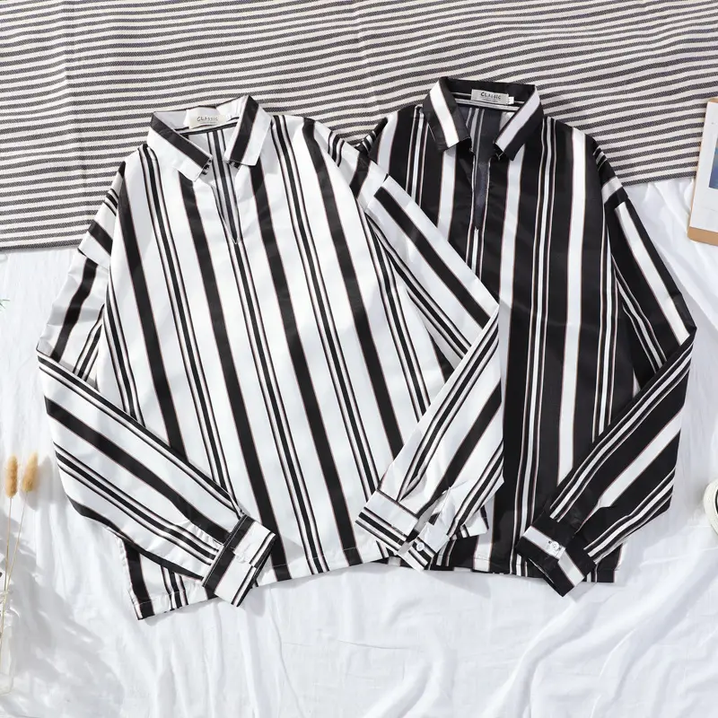 2020 Spring Men Striped Slim Fit Shirt Black White - Image 9