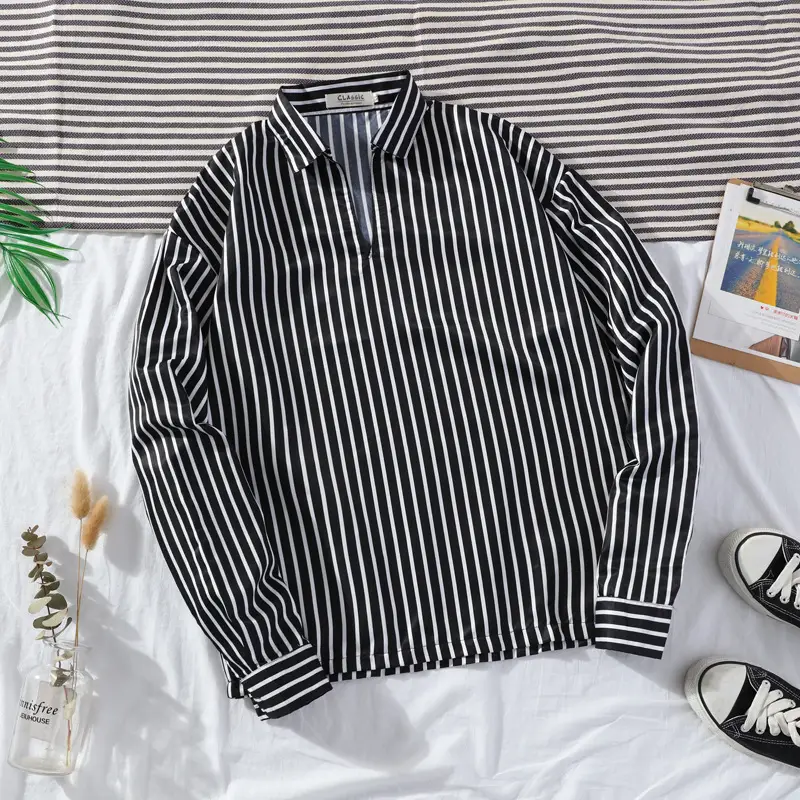2020 Spring Men Striped Slim Fit Shirt Black White - Image 2