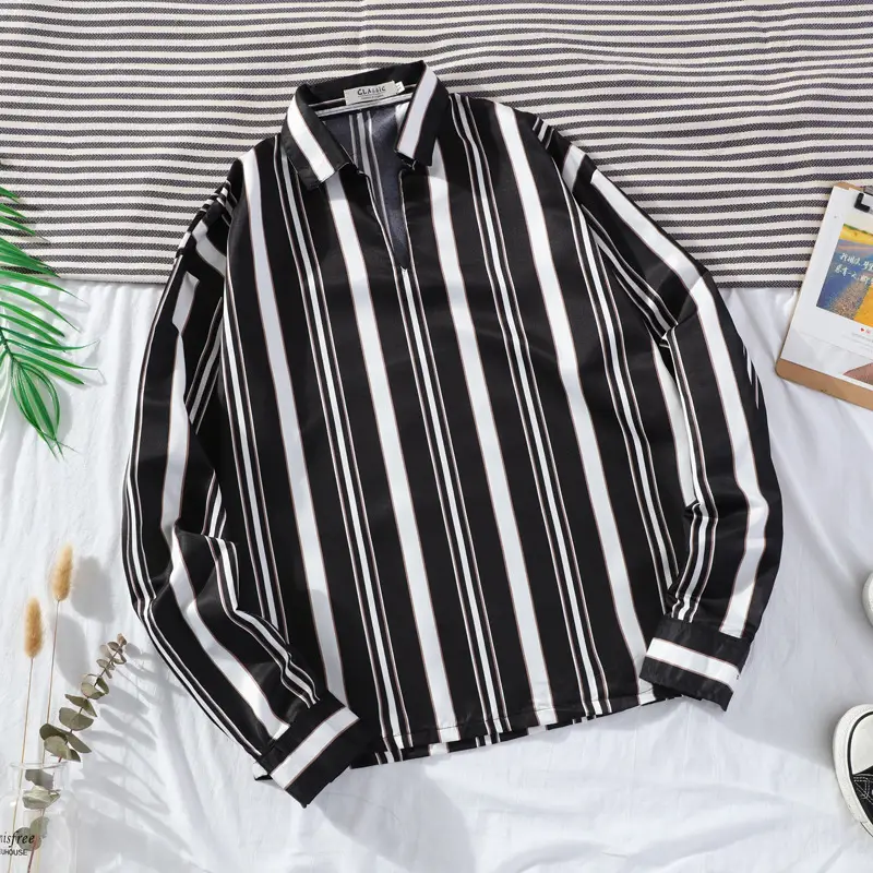 2020 Spring Men Striped Slim Fit Shirt Black White - Image 3