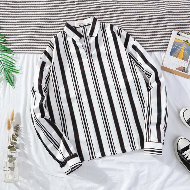 2020 Spring Men Striped Slim Fit Shirt Black White - Image 4