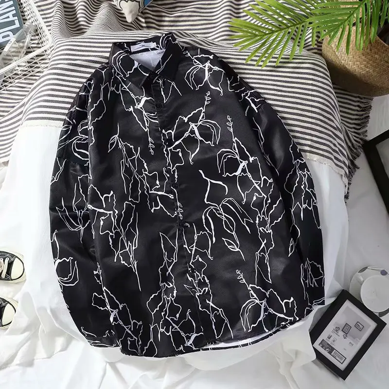 Black Printed Men's Shirt with White Abstract Design - Image 2