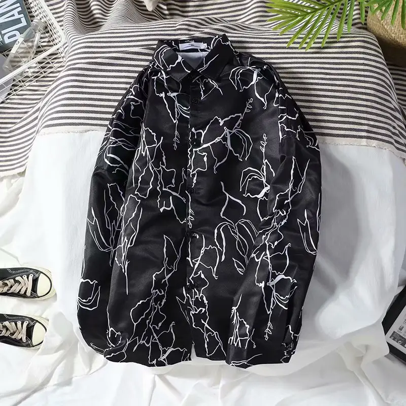 Black Printed Men's Shirt with White Abstract Design - Image 4