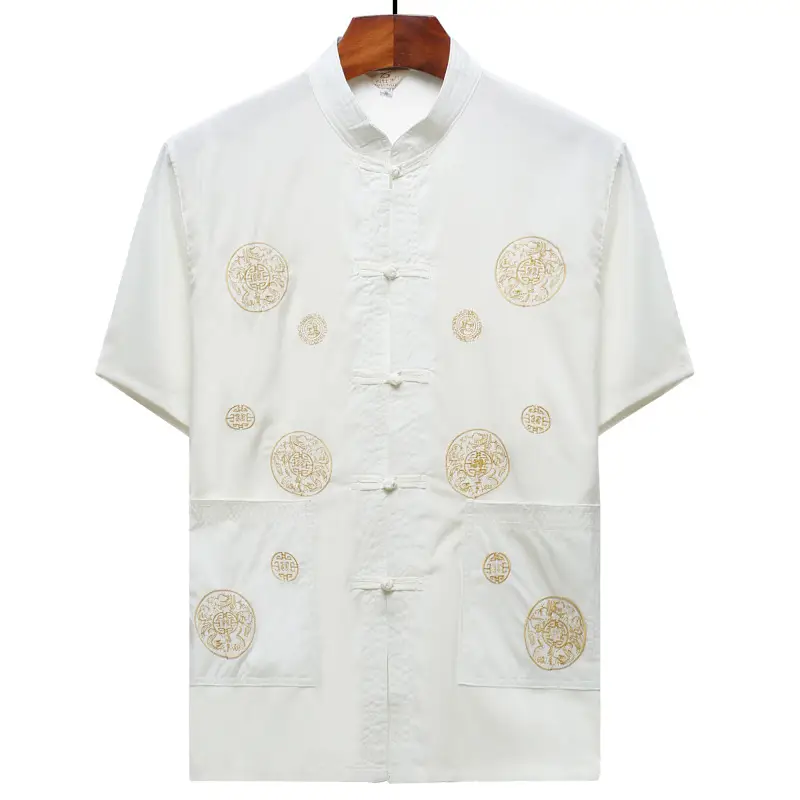 Chinese Embroidered Dad Suit Dark Blue Short Sleeve - Image 9