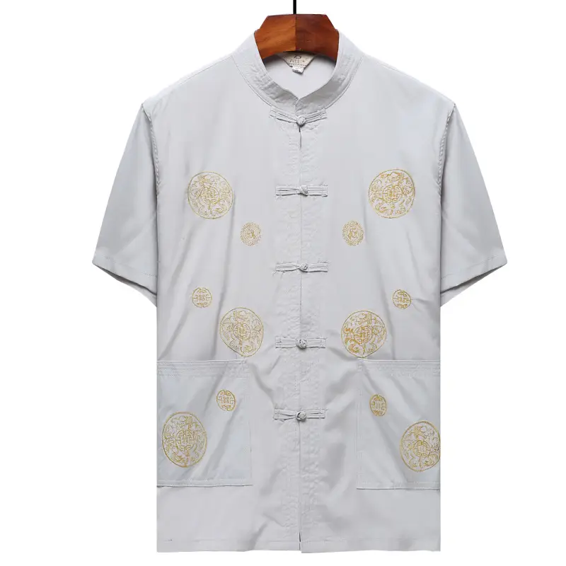 Chinese Embroidered Dad Suit Dark Blue Short Sleeve - Image 10
