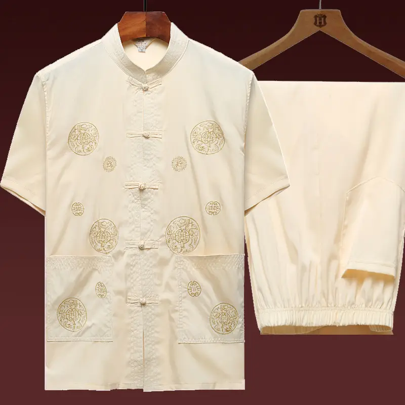 Chinese Embroidered Dad Suit Dark Blue Short Sleeve - Image 2