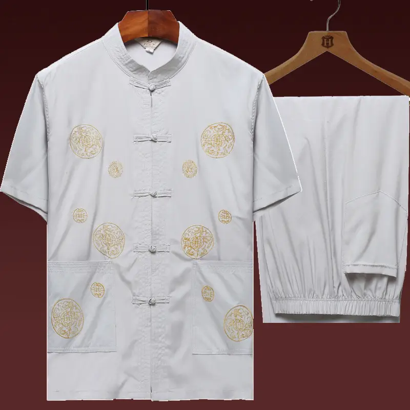 Chinese Embroidered Dad Suit Dark Blue Short Sleeve - Image 3