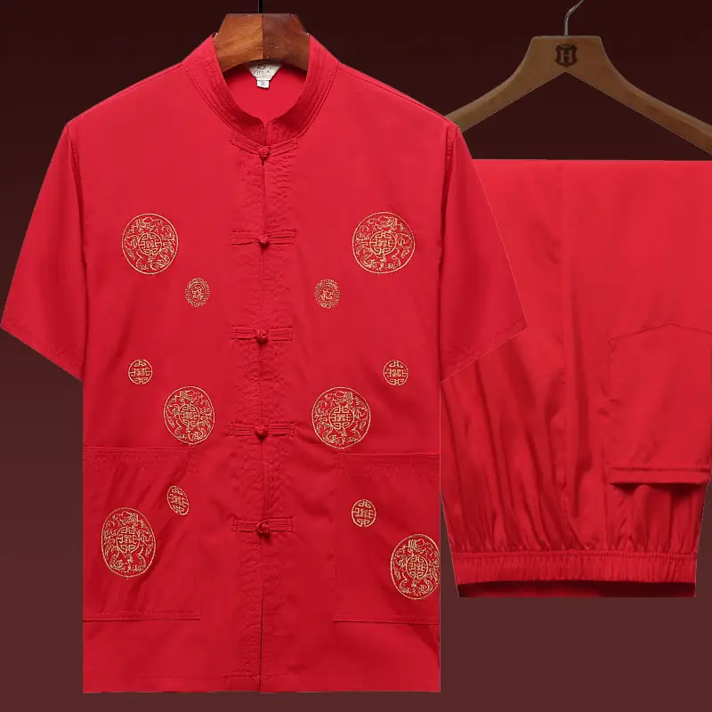 Chinese Embroidered Dad Suit Dark Blue Short Sleeve - Image 4