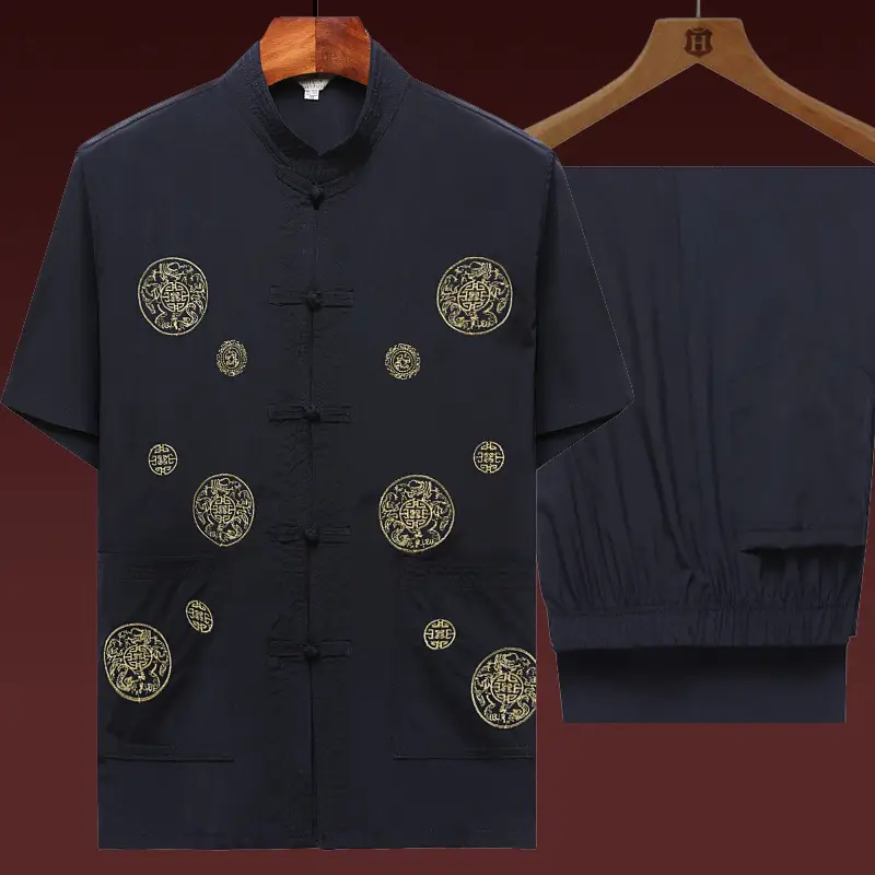 Chinese Embroidered Dad Suit Dark Blue Short Sleeve - Image 5