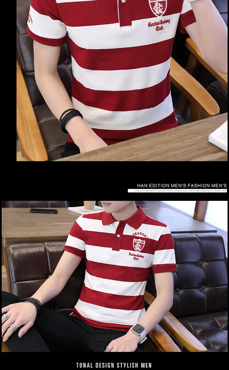 Men's Red White Striped Polo Shirt with Logo — feature 16