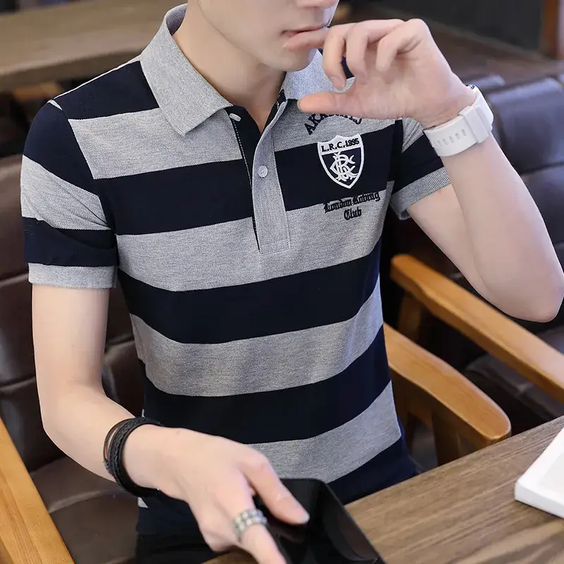 Men's Red White Striped Polo Shirt with Logo - Image 2