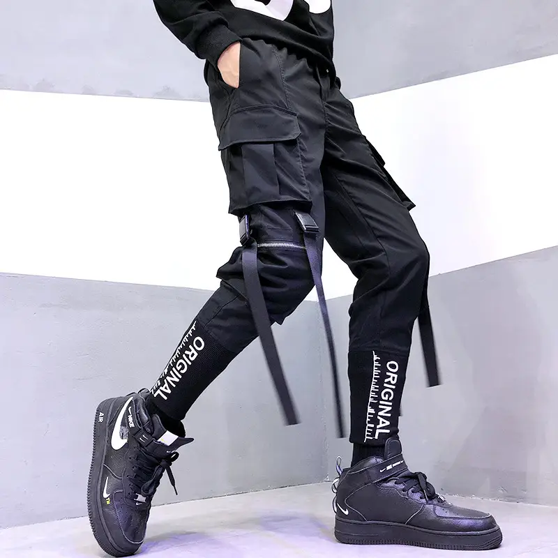 Men Embroidered Foot Pants Black Hip-Hop Style