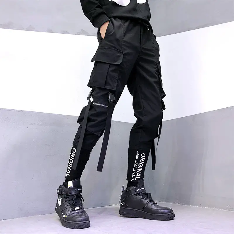 Men Embroidered Foot Pants Black Hip-Hop Style