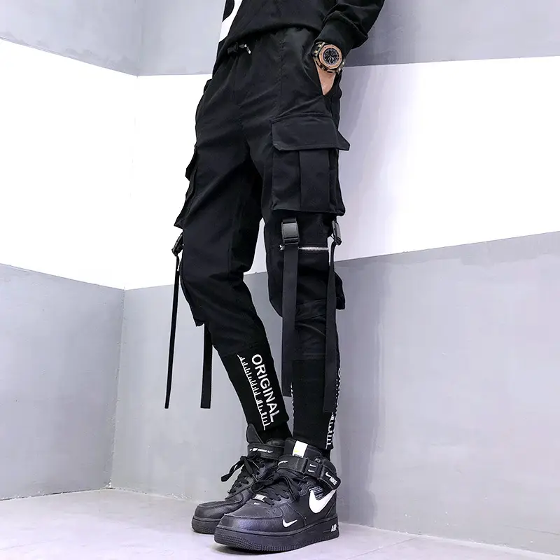 Men Embroidered Foot Pants Black Hip-Hop Style