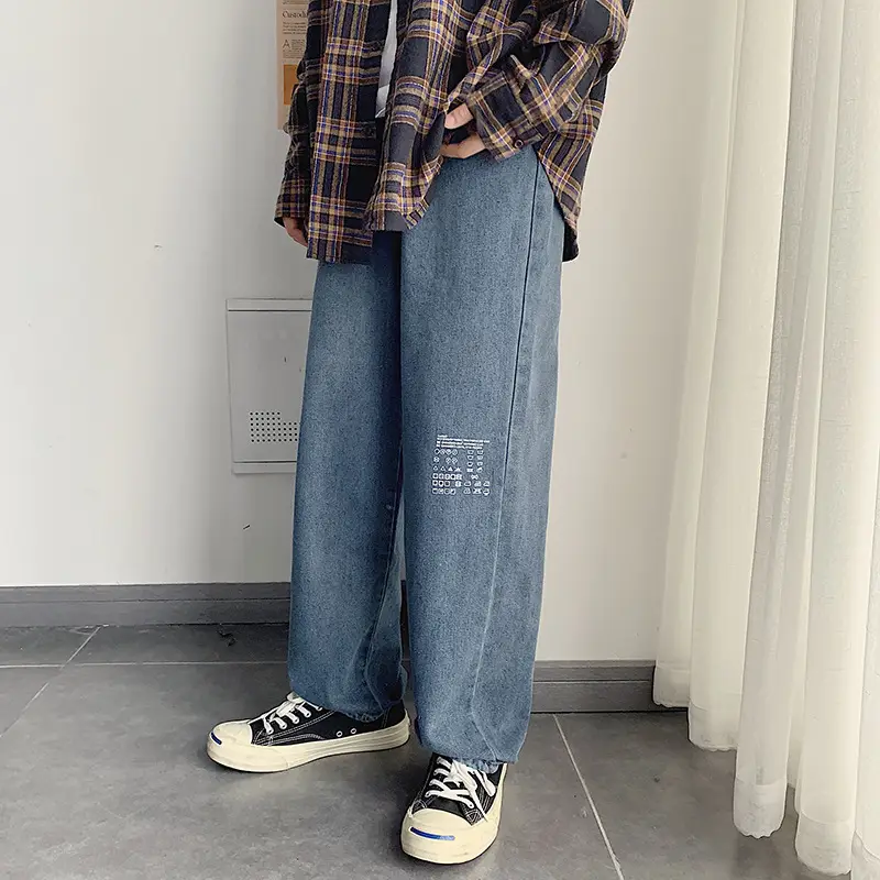 Men Wide Leg Blue Denim Pants Spring Autumn Loose Fit